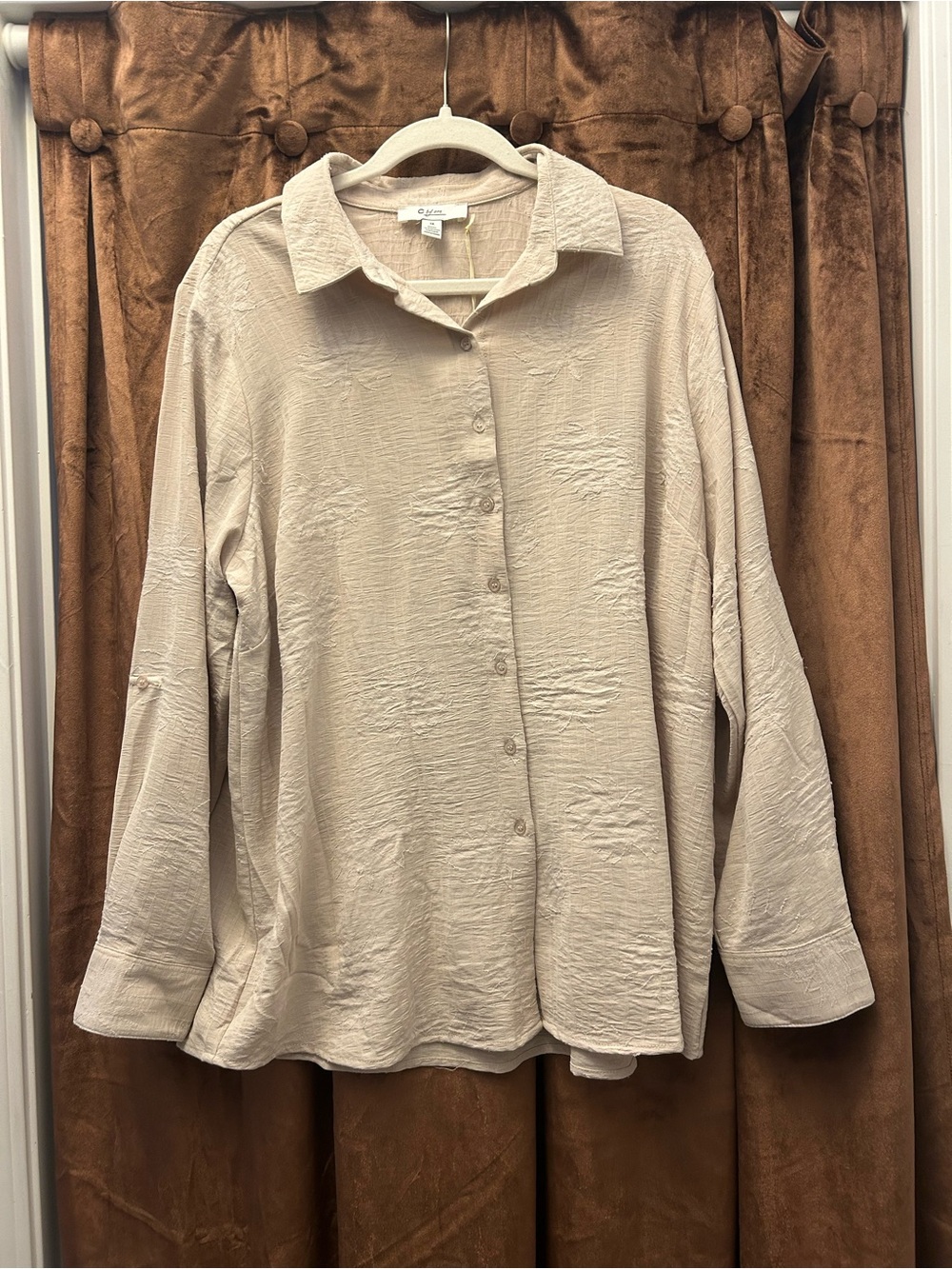 NWT C by One Beige Crinkle-Textured Button-Down Shirt